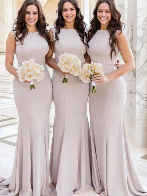 Mermaid Scoop Ruffles Sweep Train Stretch Crepe Bridesmaid Dress