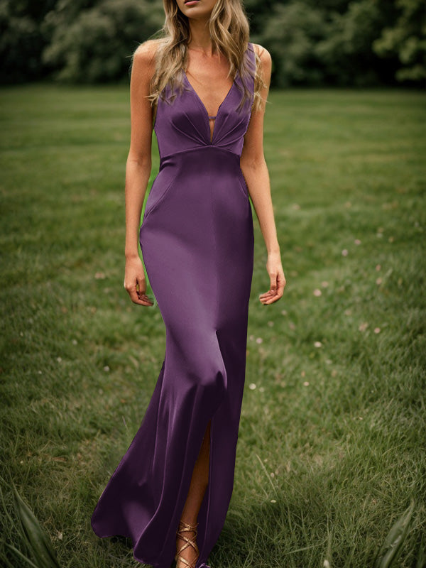 Sheath V-neck Pleated Sweep Train Silk Like Satin Bridesmaid Dress