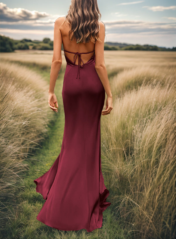 Sheath V-neck Pleated Sweep Train Silk Like Satin Bridesmaid Dress