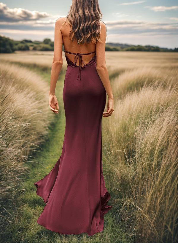 Sheath V-neck Pleated Sweep Train Silk Like Satin Bridesmaid Dress