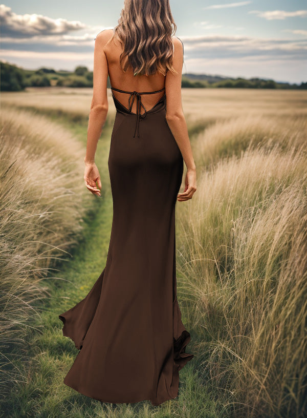 Sheath V-neck Pleated Sweep Train Silk Like Satin Bridesmaid Dress