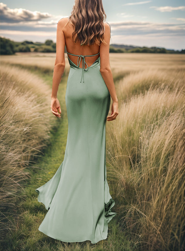 Sheath V-neck Pleated Sweep Train Silk Like Satin Bridesmaid Dress