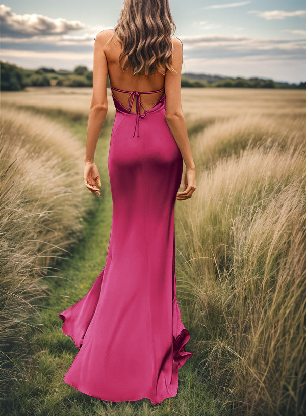 Sheath V-neck Pleated Sweep Train Silk Like Satin Bridesmaid Dress