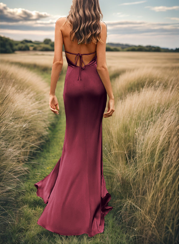 Sheath V-neck Pleated Sweep Train Silk Like Satin Bridesmaid Dress