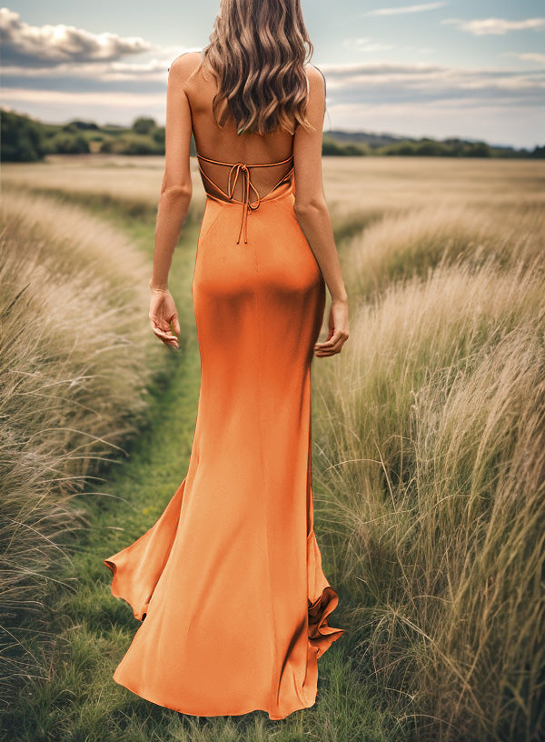Sheath V-neck Pleated Sweep Train Silk Like Satin Bridesmaid Dress