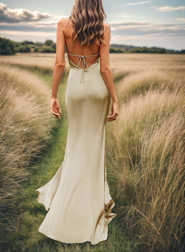 Sheath V-neck Pleated Sweep Train Silk Like Satin Bridesmaid Dress