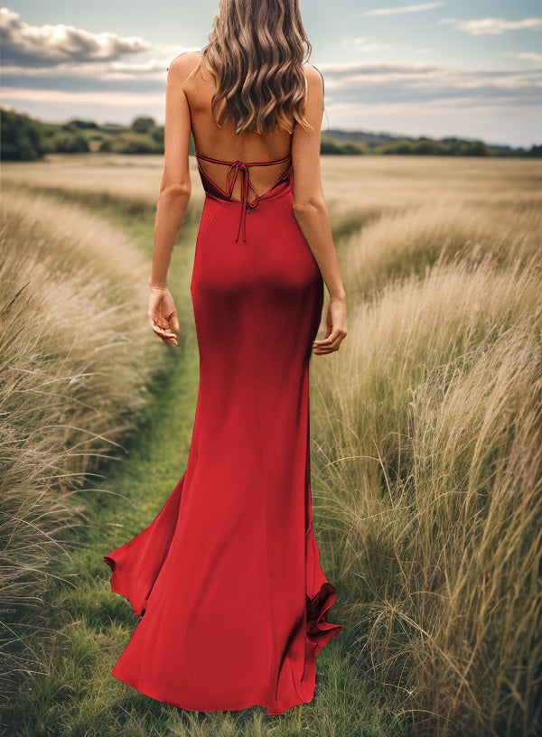 Sheath V-neck Pleated Sweep Train Silk Like Satin Bridesmaid Dress