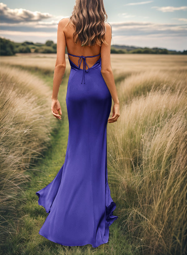 Sheath V-neck Pleated Sweep Train Silk Like Satin Bridesmaid Dress