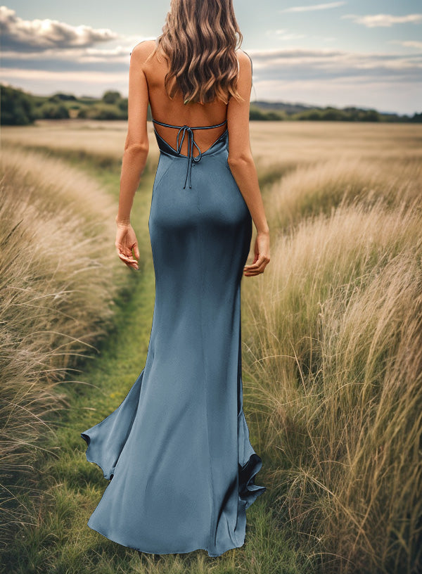 Sheath V-neck Pleated Sweep Train Silk Like Satin Bridesmaid Dress