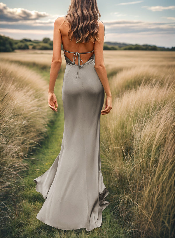 Sheath V-neck Pleated Sweep Train Silk Like Satin Bridesmaid Dress