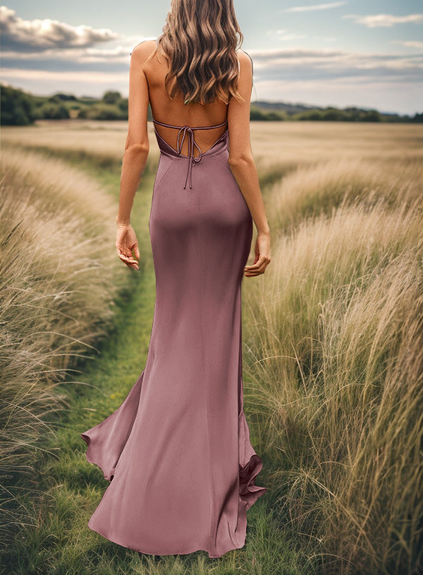 Sheath V-neck Pleated Sweep Train Silk Like Satin Bridesmaid Dress