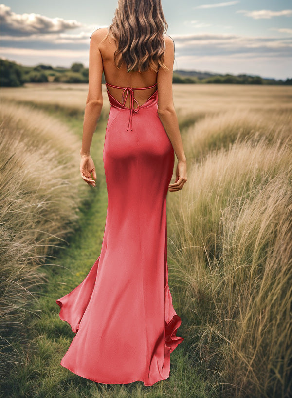 Sheath V-neck Pleated Sweep Train Silk Like Satin Bridesmaid Dress