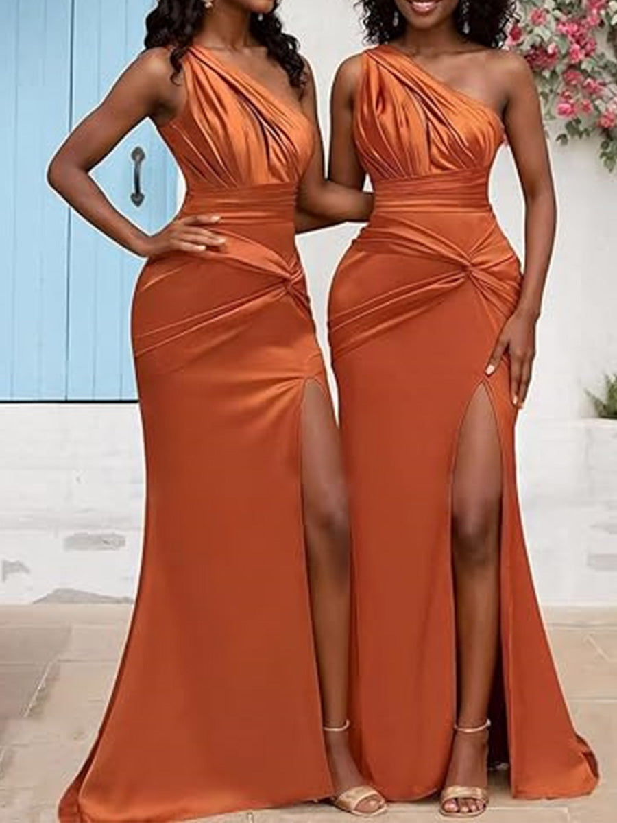 Sheath/Column One-Shoulder Pleated Sweep Train Silk Like Satin Corset Bridesmaid Dress
