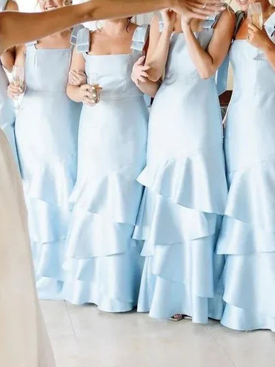 Sheath/Column Square Cascading Ruffles Floor-Length Satin Corset Bridesmaid Dress