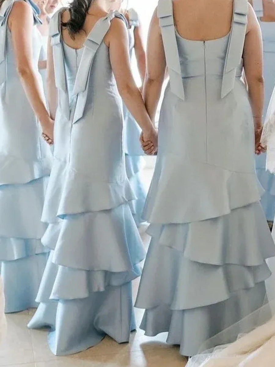 Sheath/Column Square Cascading Ruffles Floor-Length Satin Corset Bridesmaid Dress