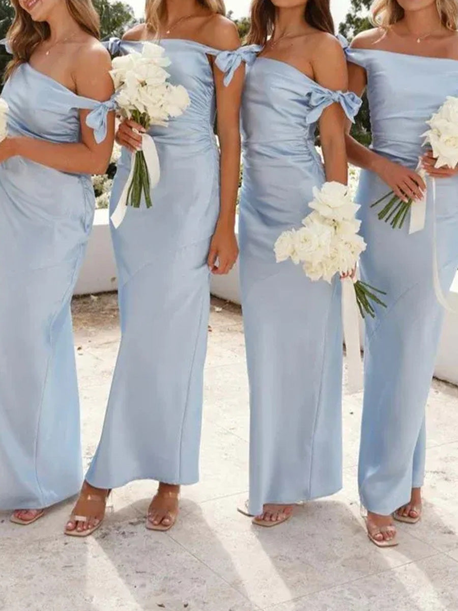 Sheath/Column Off-the-Shoulder Floor-Length Silk Like Satin Bridesmaid Dress