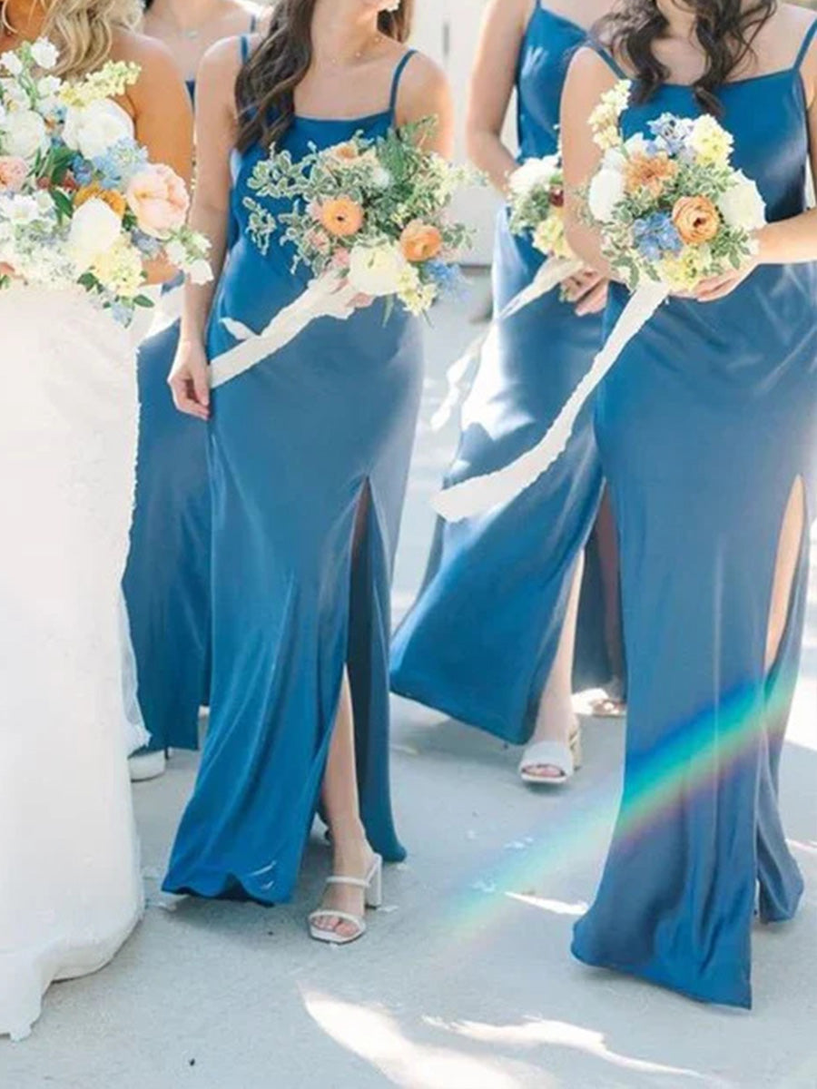 Sheath/Column Square Bow Floor-Length Silk Like Satin Bridesmaid Dress