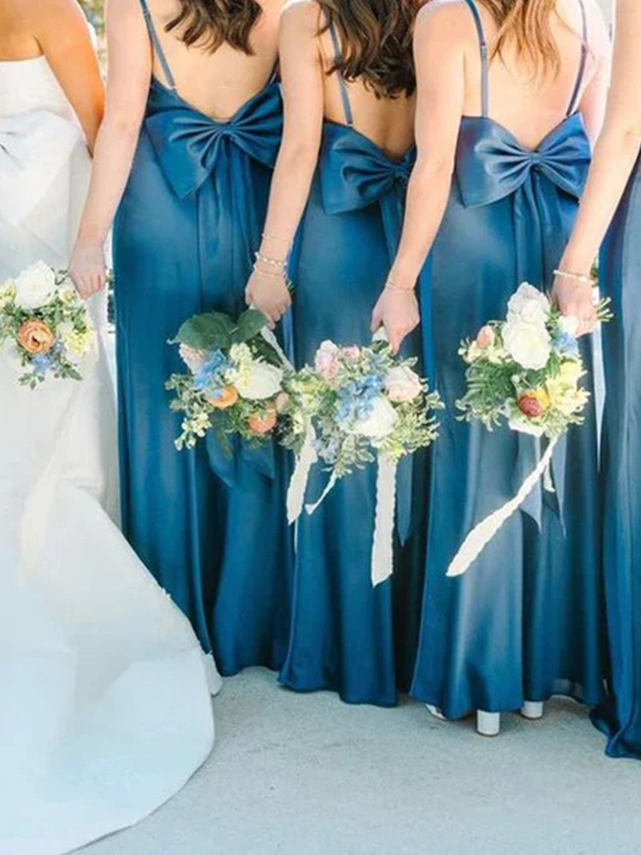 Sheath/Column Square Bow Floor-Length Silk Like Satin Bridesmaid Dress