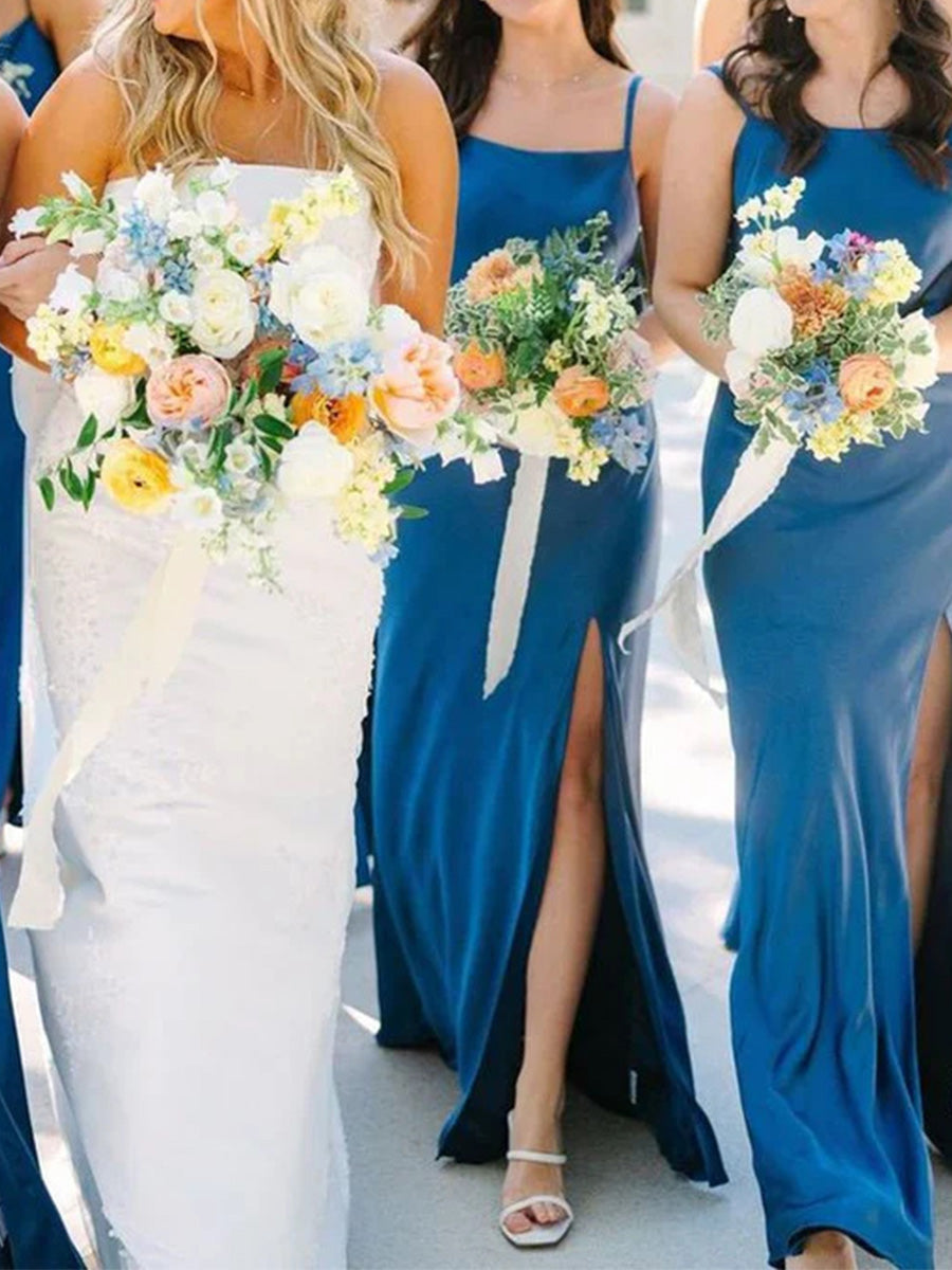 Sheath/Column Square Bow Floor-Length Silk Like Satin Bridesmaid Dress