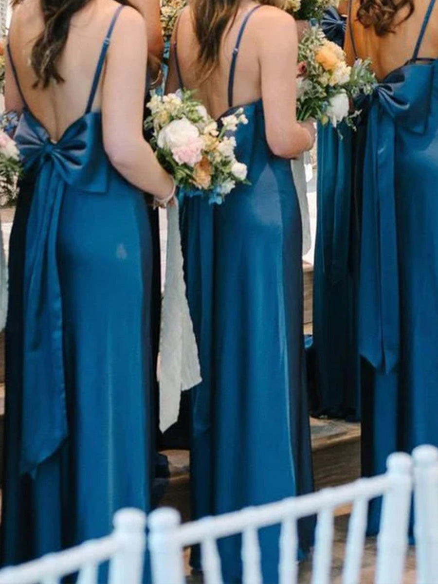 Sheath/Column Square Bow Floor-Length Silk Like Satin Bridesmaid Dress