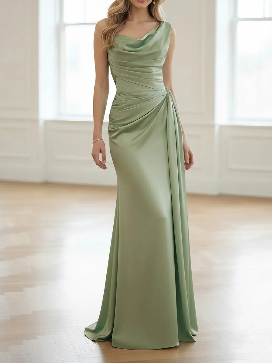 Sheath/Column One-Shoulder Pleated Sweep Train Silk Like Satin Corset Bridesmaid Dress