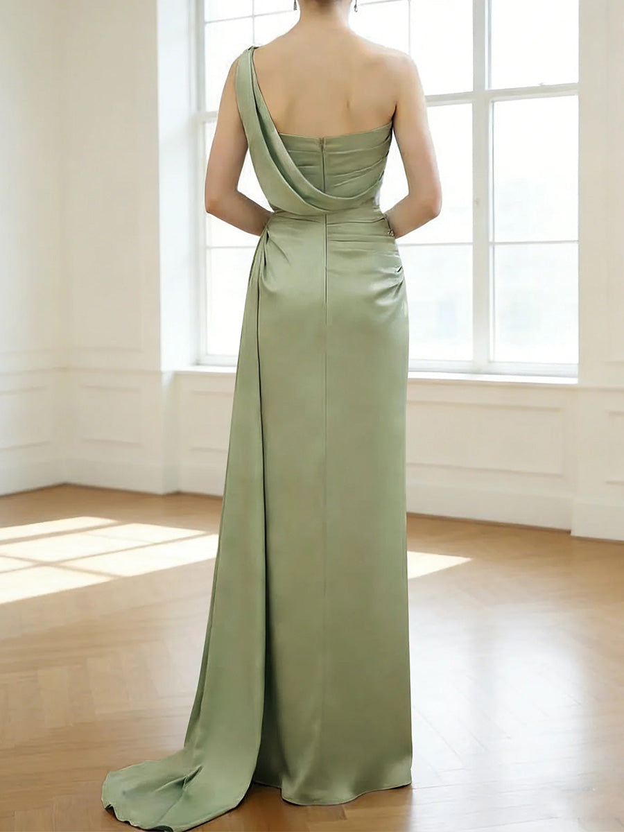 Sheath/Column One-Shoulder Pleated Sweep Train Silk Like Satin Corset Bridesmaid Dress