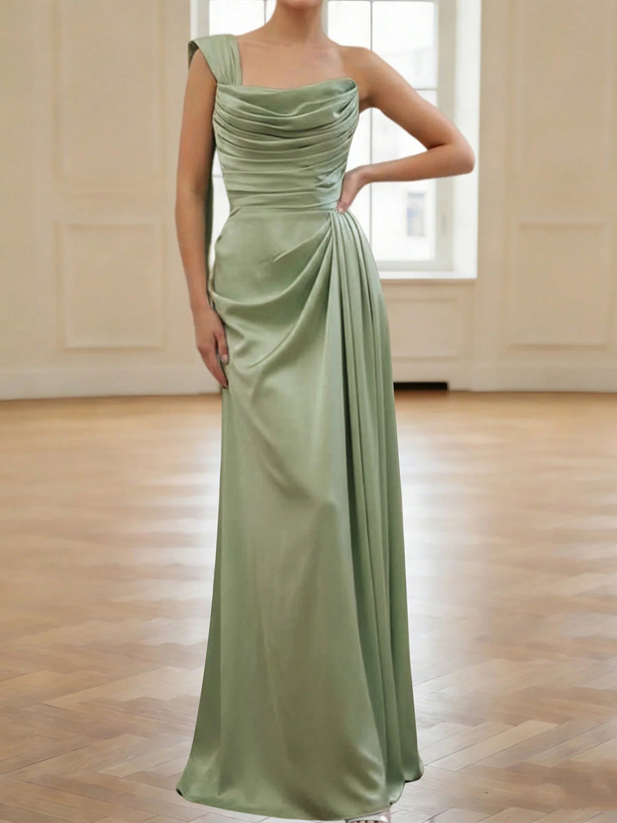 Sheath/Column One-Shoulder Pleated Sweep Train Silk Like Satin Corset Bridesmaid Dress