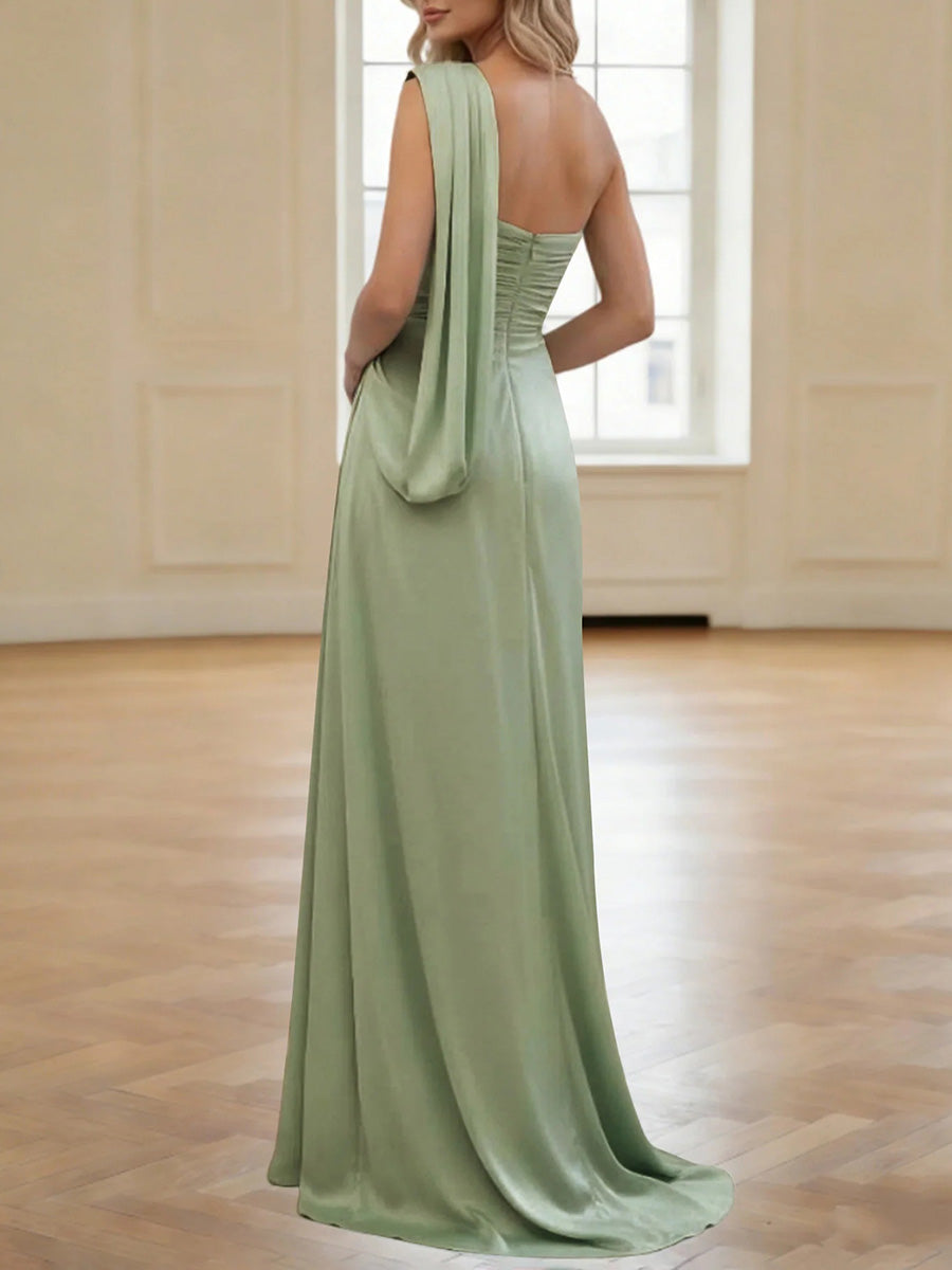 Sheath/Column One-Shoulder Pleated Sweep Train Silk Like Satin Corset Bridesmaid Dress