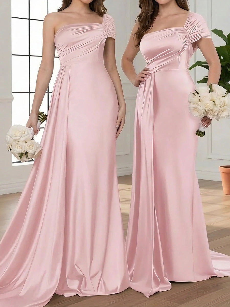 Sheath/Column One-Shoulder Pleated Sweep Train Corset Bridesmaid Dress