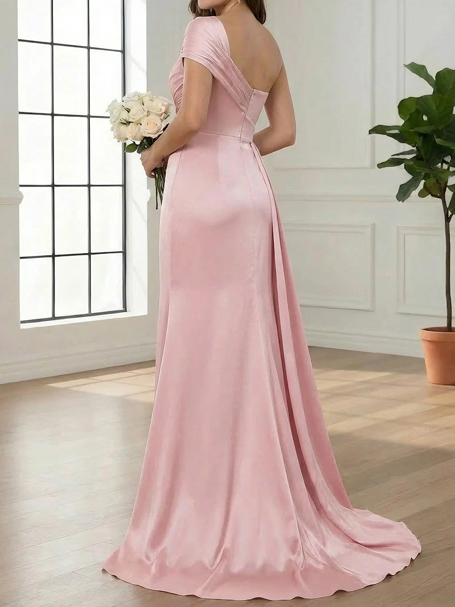 Sheath/Column One-Shoulder Pleated Sweep Train Corset Bridesmaid Dress