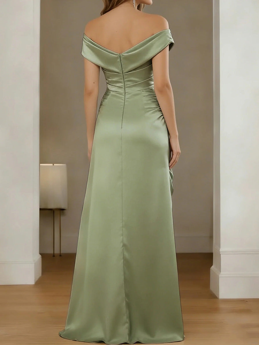Sheath/Column Off-the-Shoulder Pleated Sweep Train Silk Like Satin Corset Bridesmaid Dress