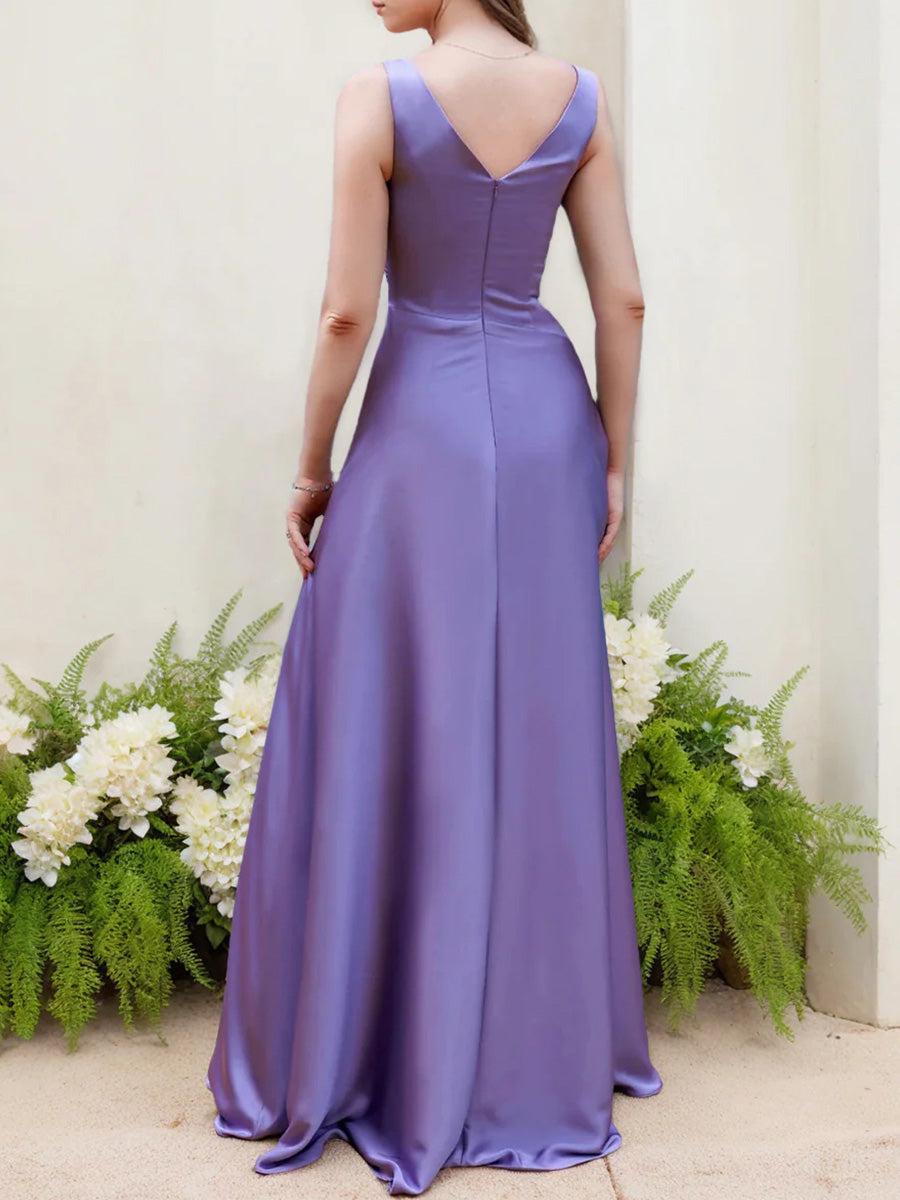 Sheath/Column V-neck Pleated Sweep Train Silk Like Satin Corset Bridesmaid Dress