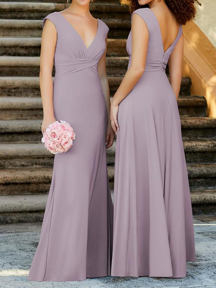 Sheath/Column V-neck Ruffles Floor-Length Jersey Bridesmaid Dress