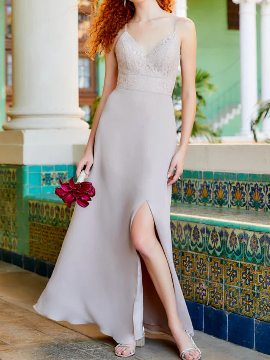 A-line/Princess V-neck Floor-Length Stretch Crepe Bridesmaid Dress