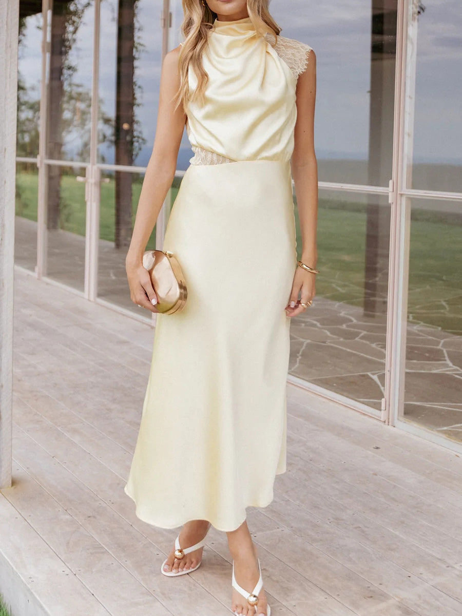 Sheath/Column High Neck Ruffles Ankle-Length Silk Like Satin Bridesmaid Dress