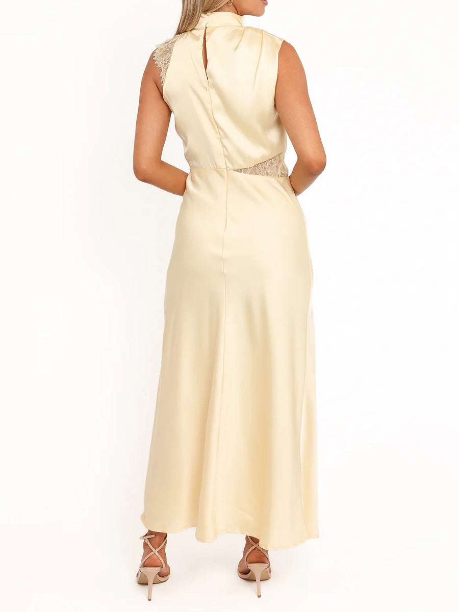 Sheath/Column High Neck Ruffles Ankle-Length Silk Like Satin Bridesmaid Dress