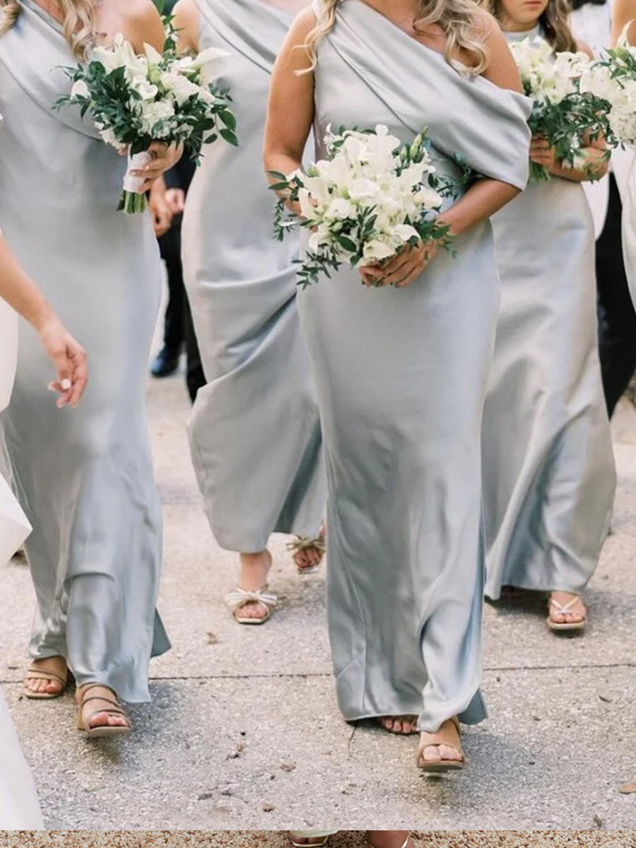 Sheath/Column One-Shoulder Floor-Length Silk Like Satin Corset Bridesmaid Dress