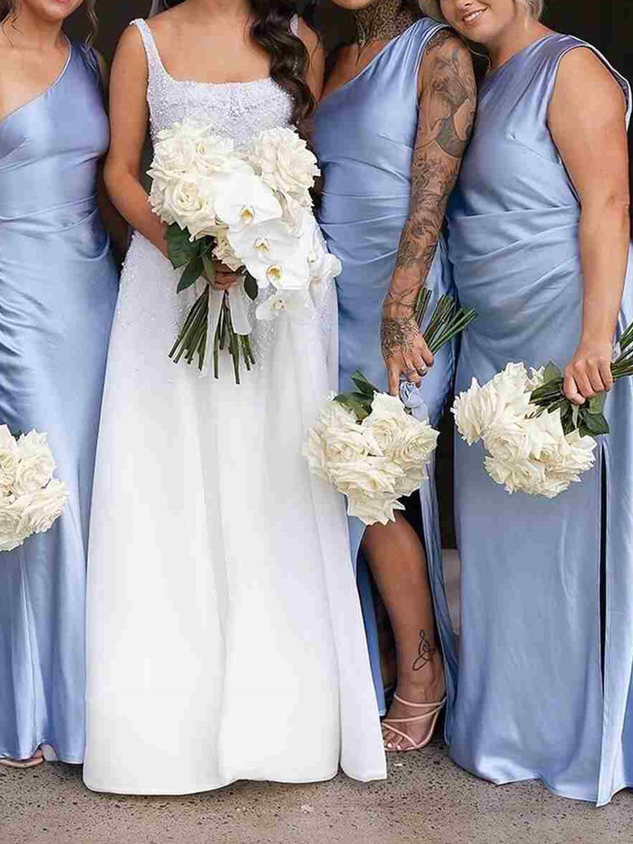 Sheath/Column One-Shoulder Pleated Floor-Length Silk Like Satin Corset Bridesmaid Dress