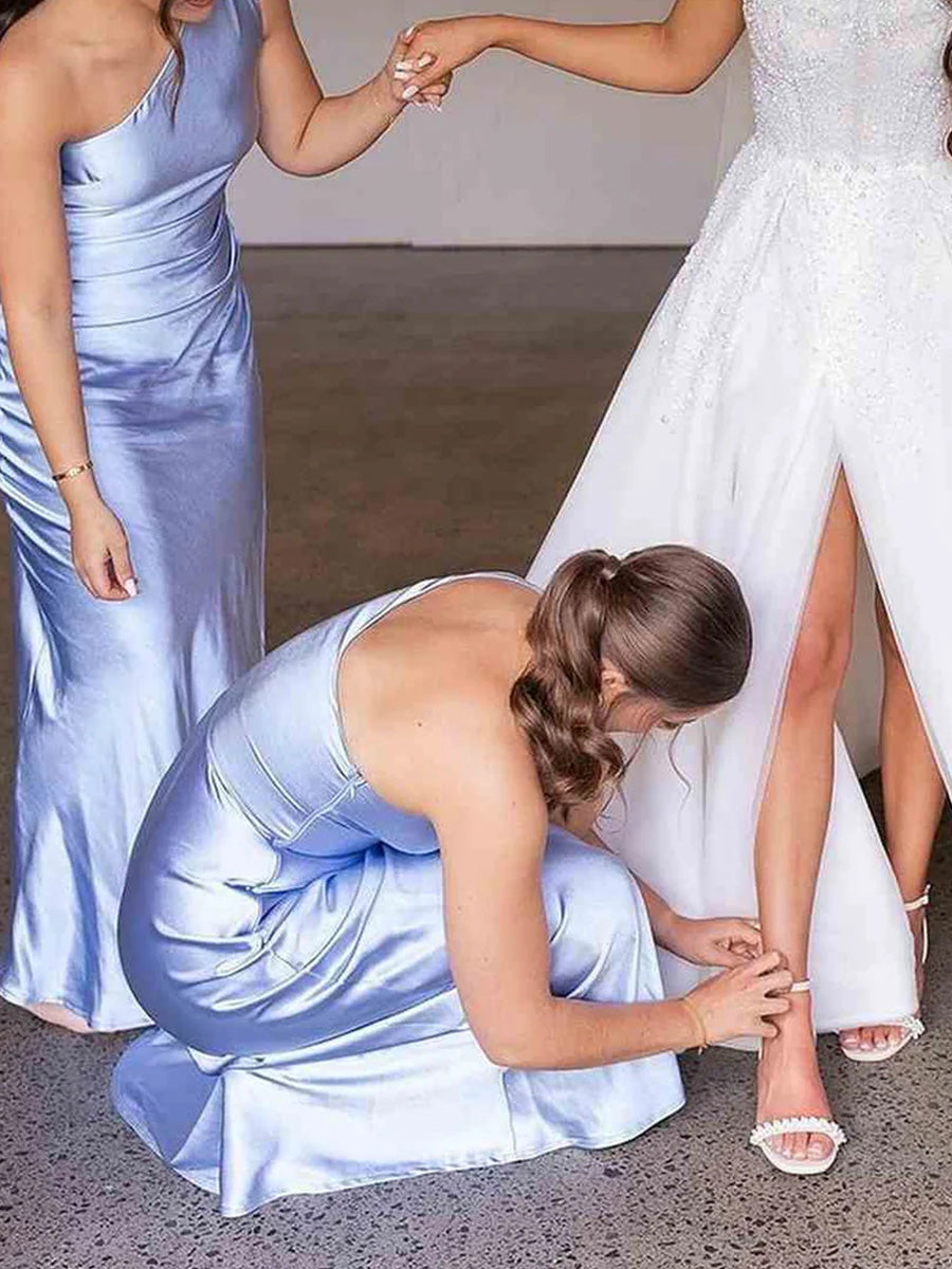 Sheath/Column One-Shoulder Pleated Floor-Length Silk Like Satin Corset Bridesmaid Dress
