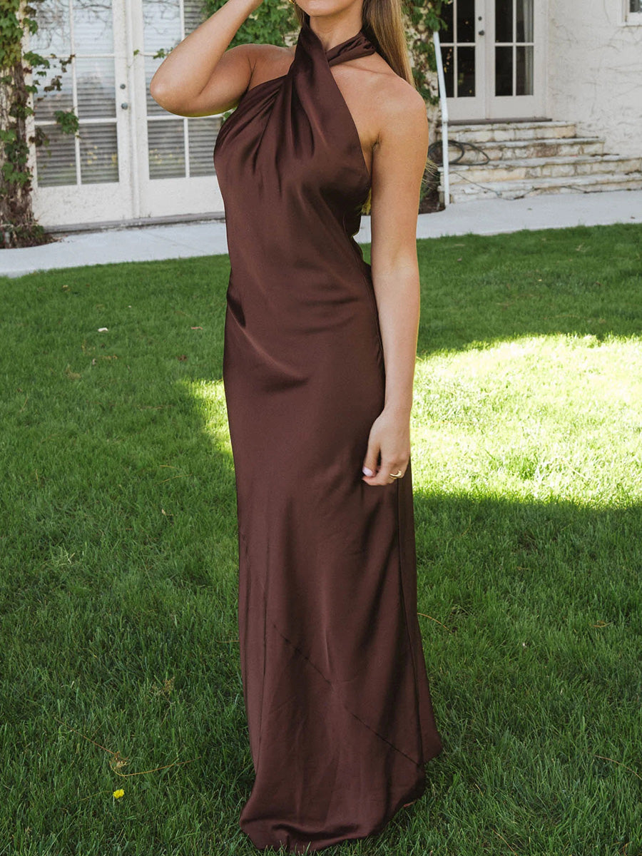 Sheath/Column Halter Sweep Train Silk Like Satin Corset Bridesmaid Dress