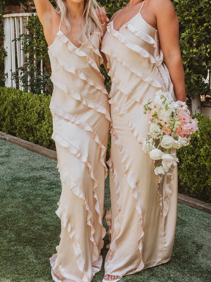 Sheath/Column Spaghetti Straps Cascading Ruffles Floor-Length Silk Like Satin Corset Bridesmaid Dress