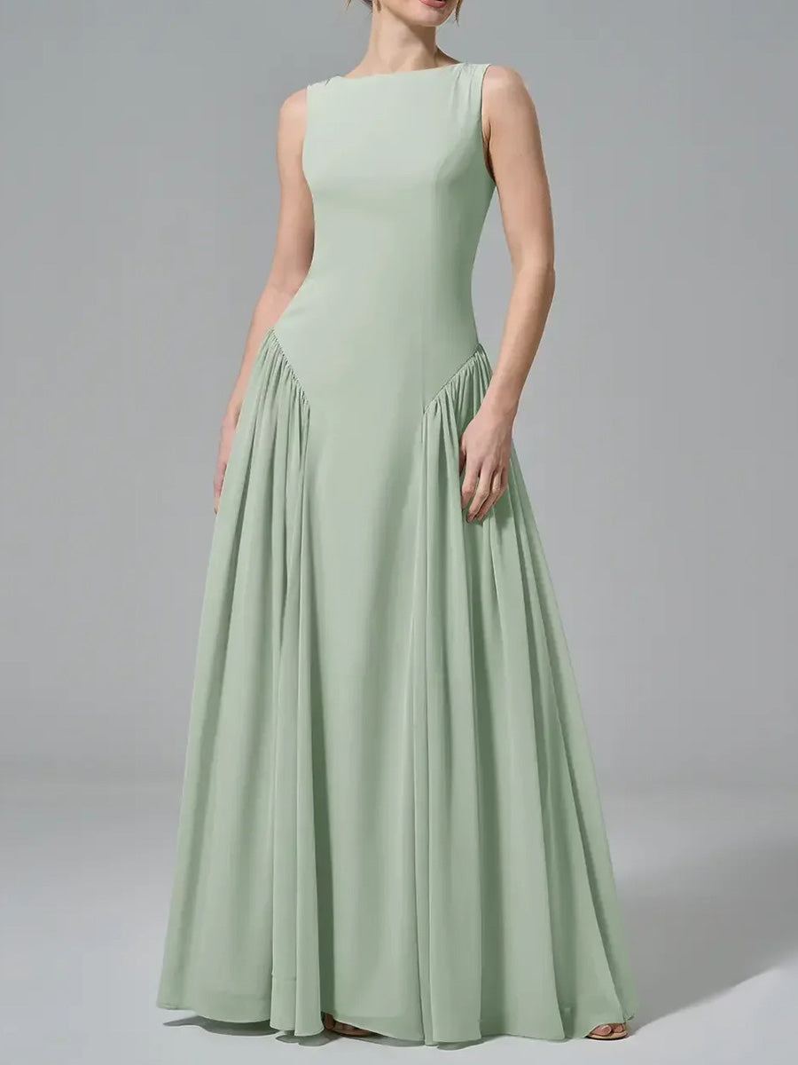 A-line/Princess Bateau Ruffles Floor-Length Chiffon Corset Bridesmaid Dress