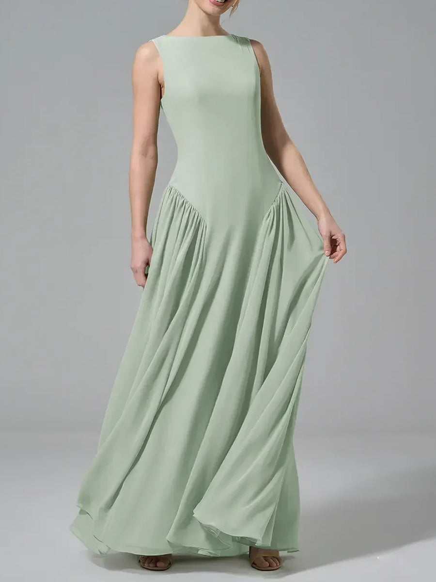 A-line/Princess Bateau Ruffles Floor-Length Chiffon Corset Bridesmaid Dress