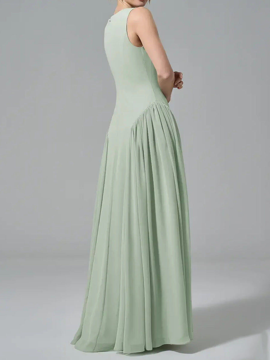 A-line/Princess Bateau Ruffles Floor-Length Chiffon Corset Bridesmaid Dress