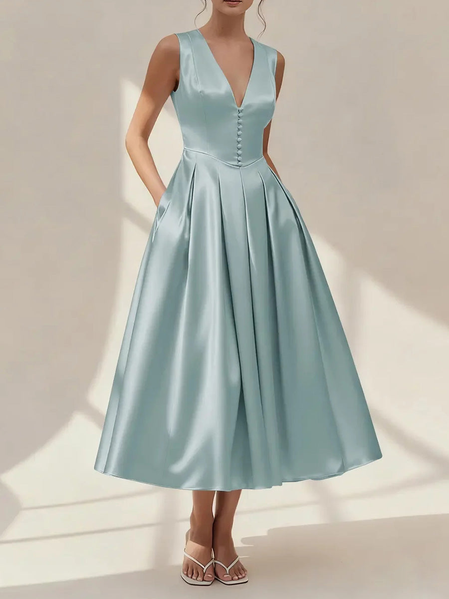 A-line/Princess V-neck Ruffles Tea-Length Satin Corset Bridesmaid Dress