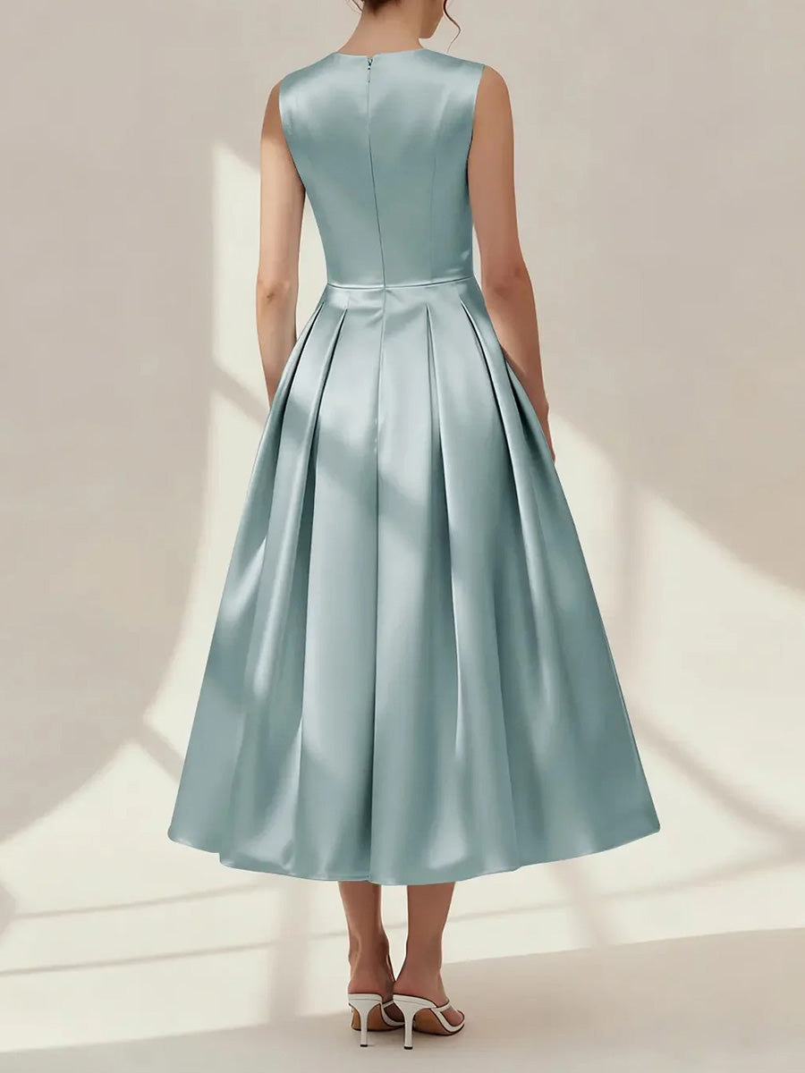 A-line/Princess V-neck Ruffles Tea-Length Satin Corset Bridesmaid Dress