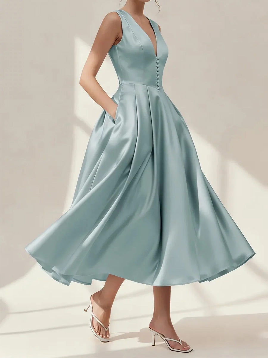 A-line/Princess V-neck Ruffles Tea-Length Satin Corset Bridesmaid Dress