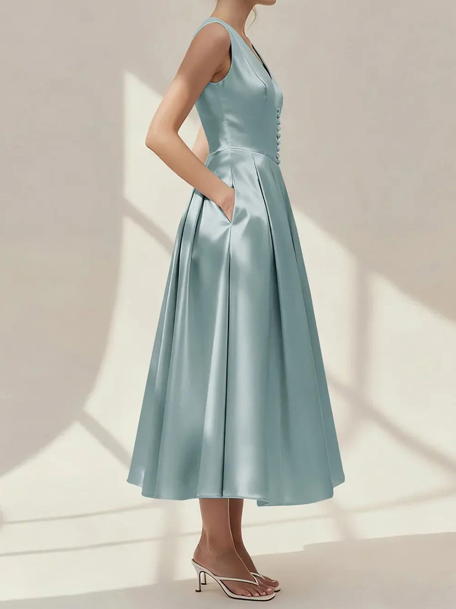 A-line/Princess V-neck Ruffles Tea-Length Satin Corset Bridesmaid Dress