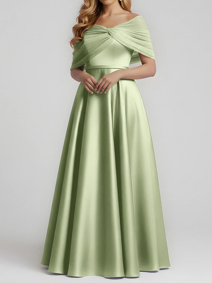 A-line/Princess Off-the-Shoulder Ruffles Floor-Length Satin Corset Bridesmaid Dress