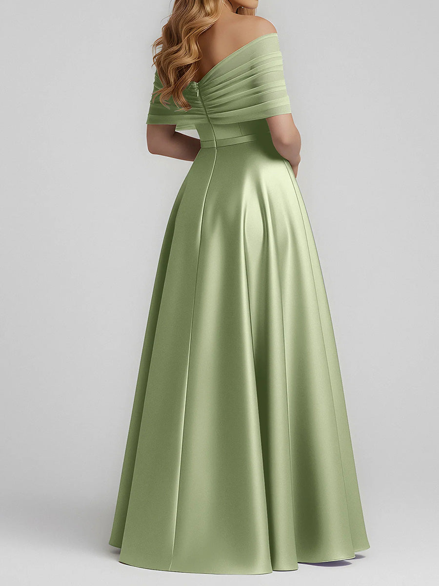 A-line/Princess Off-the-Shoulder Ruffles Floor-Length Satin Corset Bridesmaid Dress